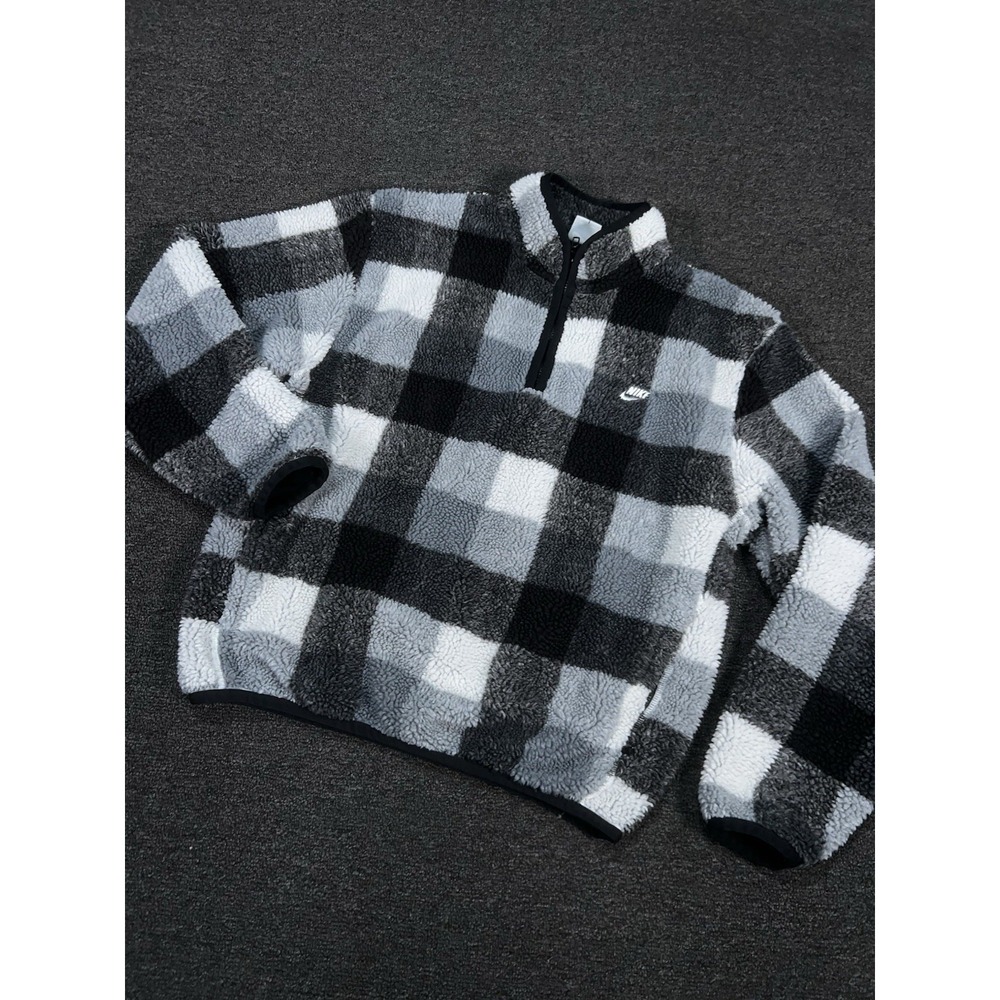 Nike Club Winterized Half Zip Men's Medium Black White Gingham Check Fleece